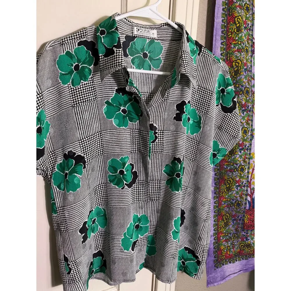 Vintage 80s Fink Modell 2 Piece Skirt Blouse Set Green Floral Plaid Size 40/L